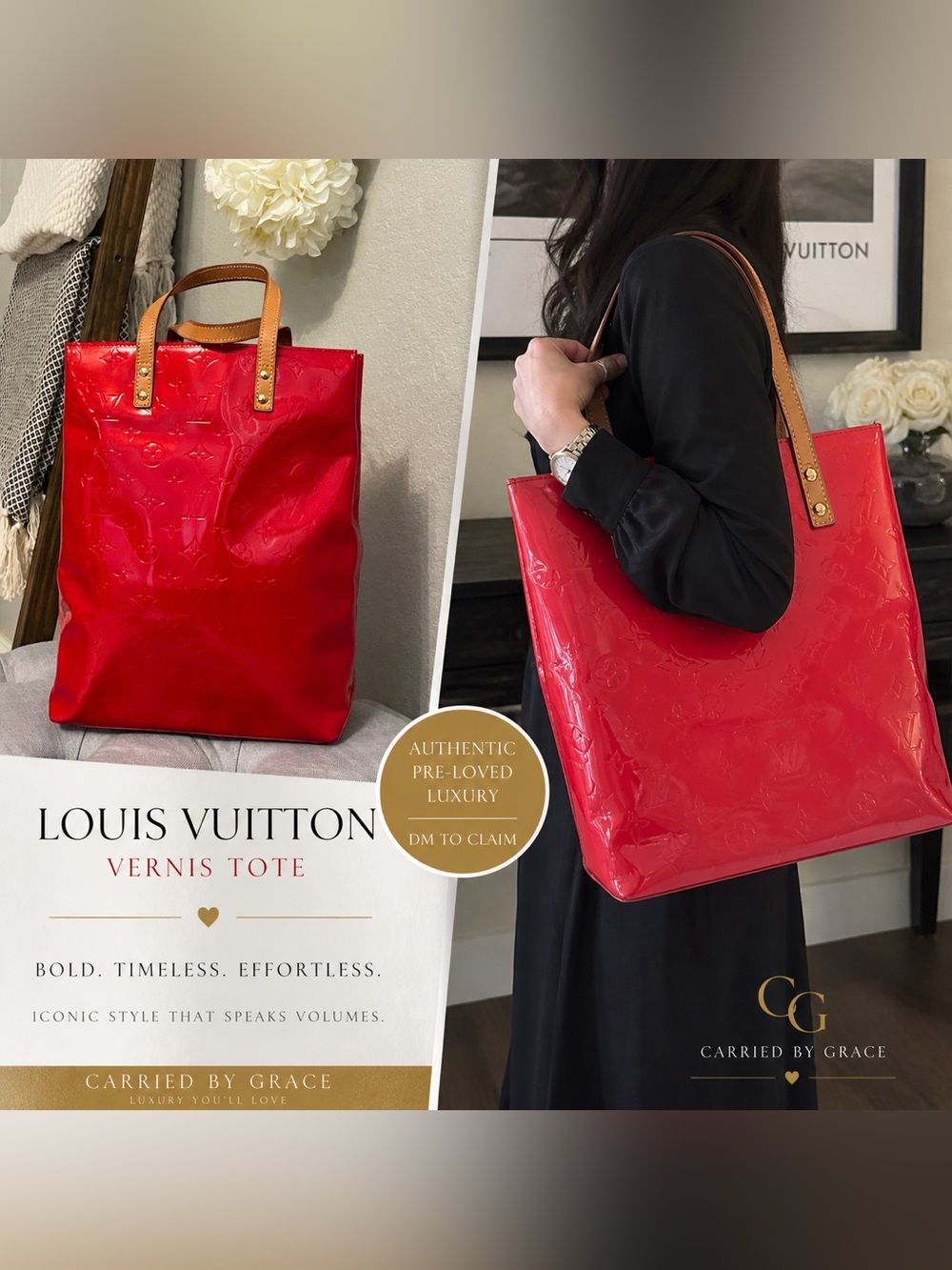 Authentic- Louis Vuitton Red Vernis Patent Tote with Tan Handles